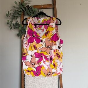 Nine West Sleeveless Floral V-Neck Top in Pink & Yellow